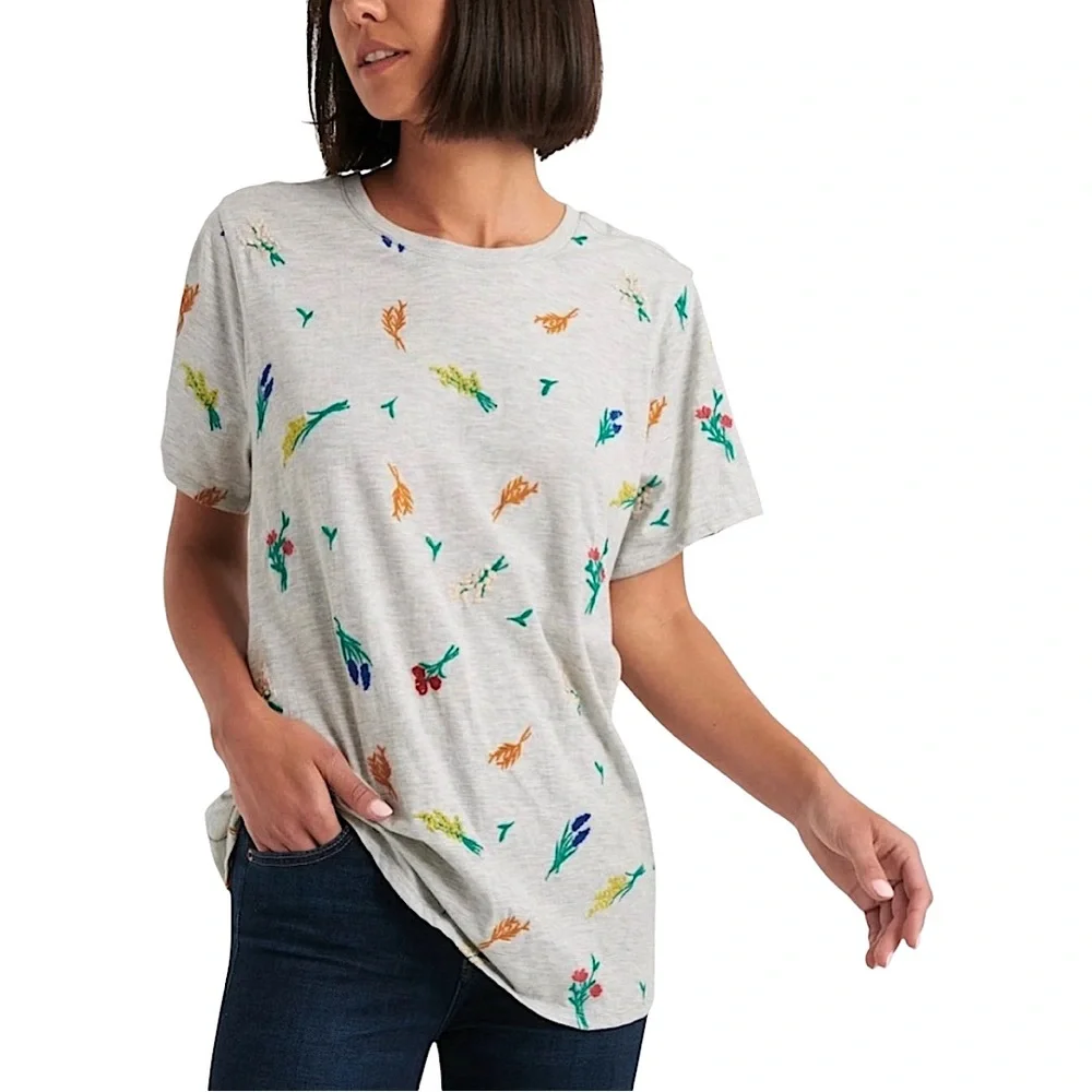 Lucky Brand Heather Grey Embroidered Florals Shirt Size Medium - Picture 15 of 15